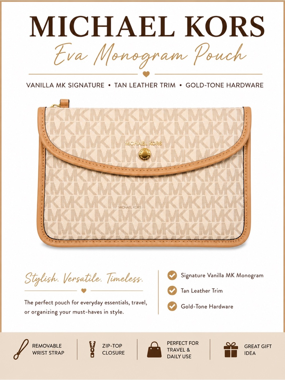 Michael Kors Eva Monogram Wristlet Pouch Vanilla Tan Leather Zip Clutch